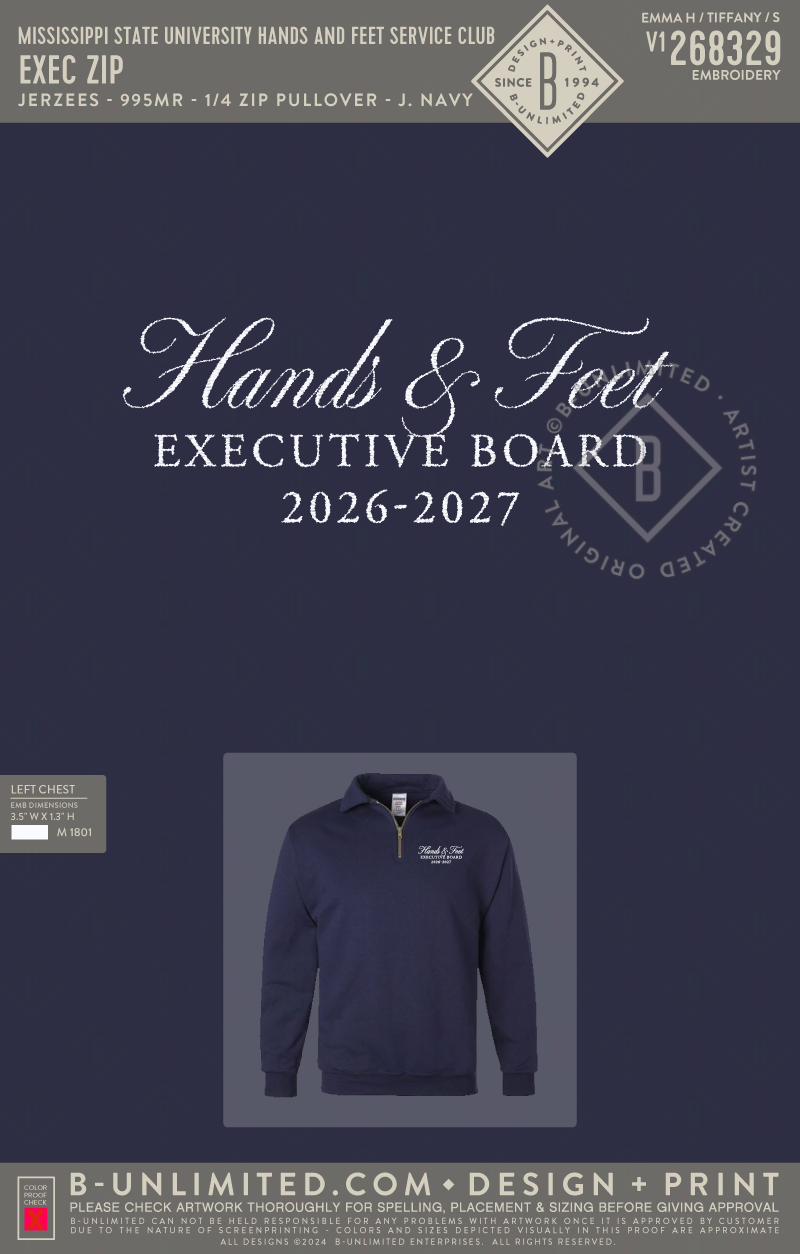Mississippi State University Hands and Feet Service Club - Exec Zip - Jerzees - 995MR - 1/4 Zip Pullover - J. Navy