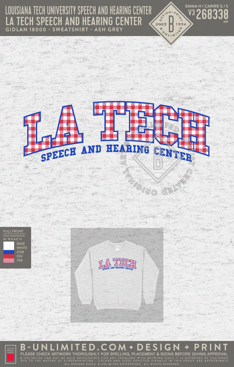 Louisiana Tech University Speech and Hearing Center - LA Tech Speech and Hearing Center - Gildan - 18000 - Crewneck Sweatshirt - Ash Grey