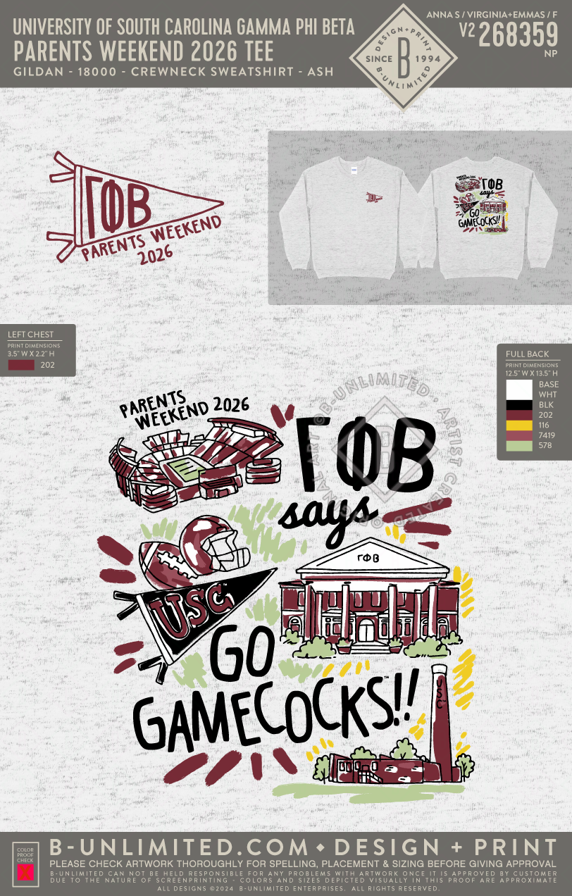 University of South Carolina Gamma Phi Beta - Parents weekend 2026 Tee - Gildan - 18000 - Crewneck Sweatshirt - Ash Grey