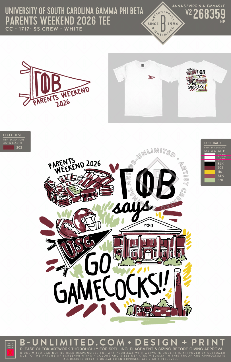 University of South Carolina Gamma Phi Beta - Parents weekend 2026 Tee - CC - 1717 - SS Crew - White