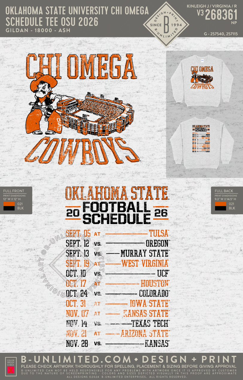 Oklahoma State University Chi Omega - Schedule Tee OSU 2026 - Gildan - 18000 - Crewneck Sweatshirt - Ash Grey