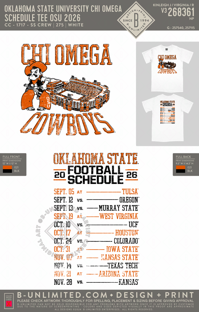 Oklahoma State University Chi Omega - Schedule Tee OSU 2026 - CC - 1717 - SS Crew - White