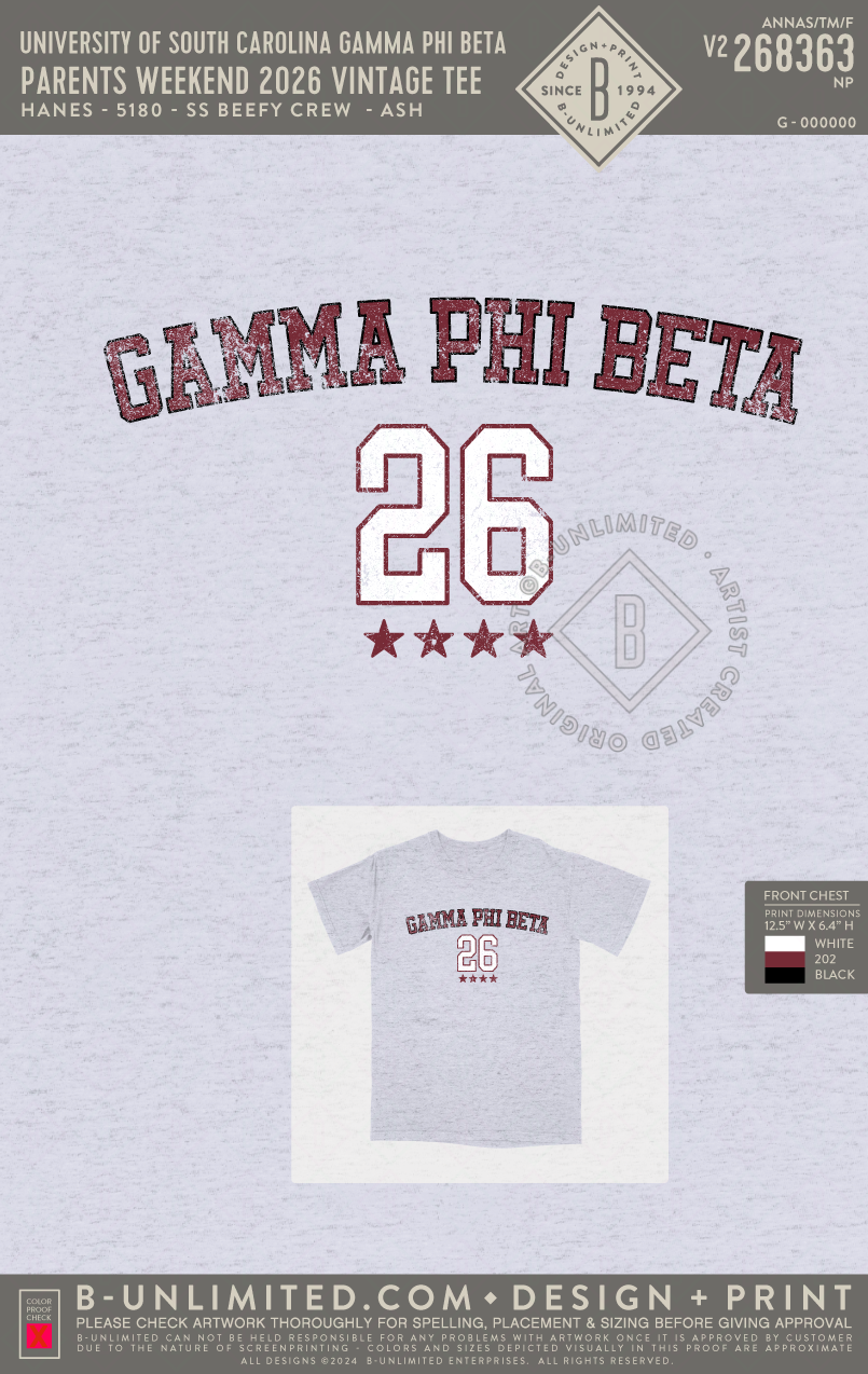 University of South Carolina Gamma Phi Beta - Parents weekend 2026 Vintage tee - Hanes - 5180 - SS Beefy Crew - Ash