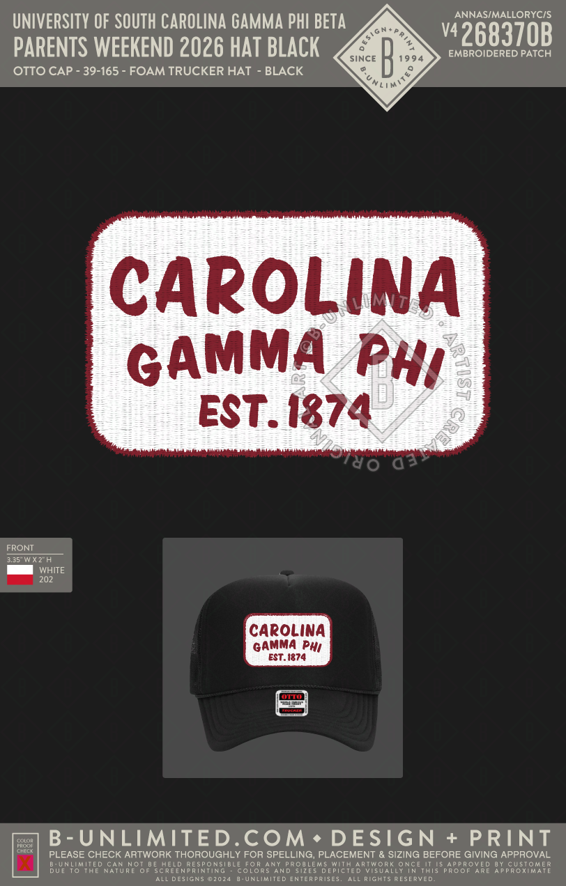 University of South Carolina Gamma Phi Beta - Parents weekend 2026 Hat Black - Otto Cap - 39-165 - Foam Trucker Hat - Black