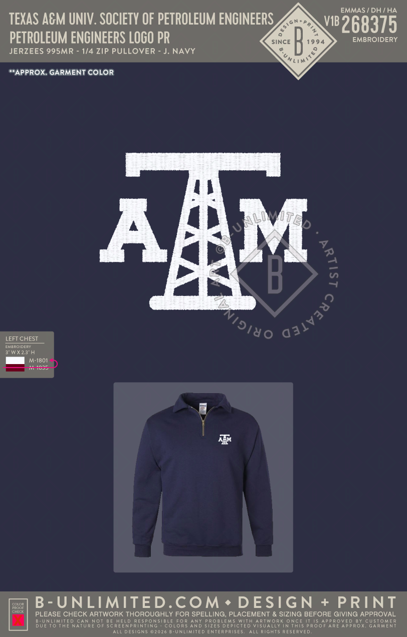 Texas A&M University Society of Petroleum Engineers - Petroleum Engineers Logo PR - Jerzees - 995MR - 1/4 Zip Pullover - J. Navy