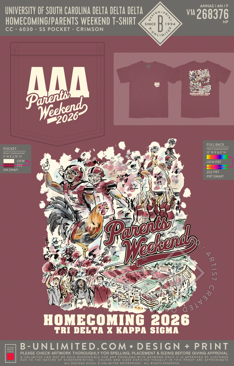 University of South Carolina Delta Delta Delta - Homecoming/Parents Weekend T-Shirt - CC - 6030 - SS Pocket - Crimson