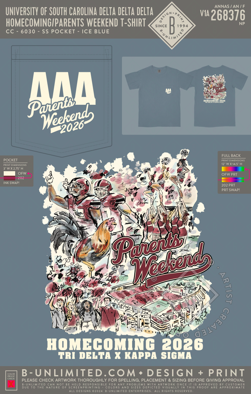 University of South Carolina Delta Delta Delta - Homecoming/Parents Weekend T-Shirt - CC - 6030 - SS Pocket - Ice Blue