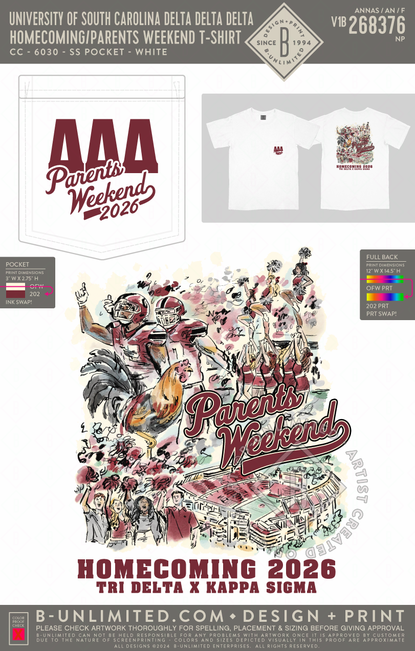 University of South Carolina Delta Delta Delta - Homecoming/Parents Weekend T-Shirt - CC - 6030 - SS Pocket - White