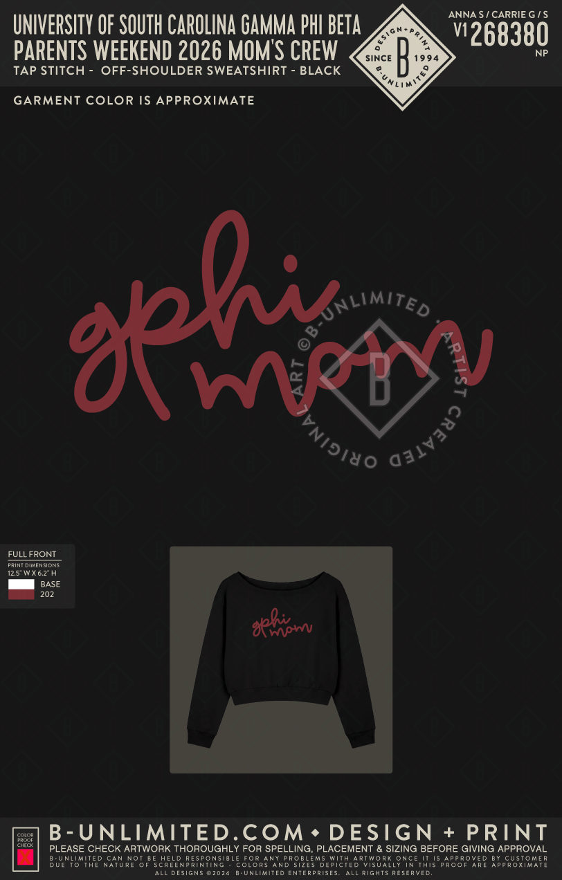 University of South Carolina Gamma Phi Beta - Parents weekend 2026 Mom's Crew - Tap Stitch - WT0058-C001-V2 - Off-Shoulder Sweatshirt - Black