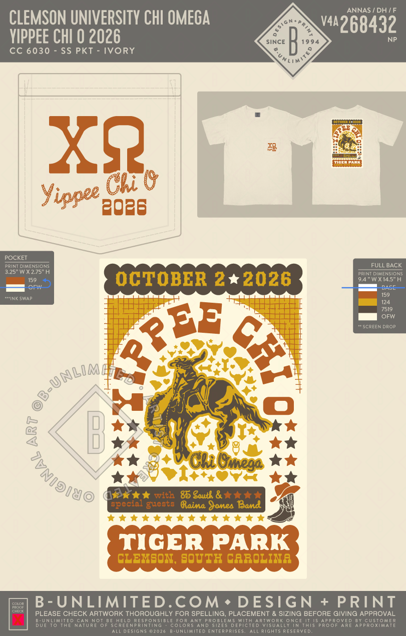 Clemson University Chi Omega - Yippee Chi O 2026 - CC - 6030 - SS Pocket - Ivory