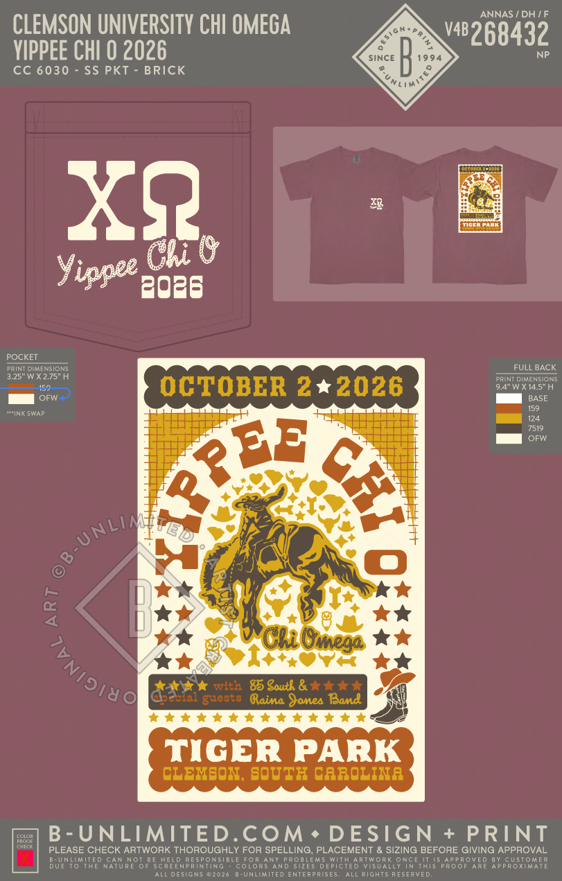 Clemson University Chi Omega - Yippee Chi O 2026 - CC - 6030 - SS Pocket - Brick
