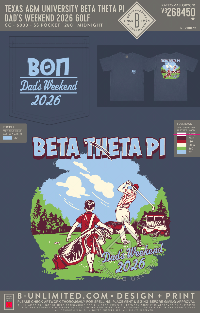 Texas A&M University Beta Theta Pi - Dad's Weekend 2026 Golf - CC - 6030 - SS Pocket - Midnight