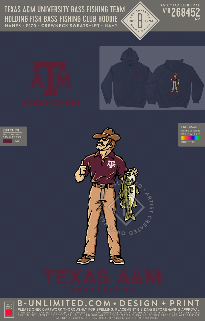 Texas A&M University Bass Fishing Team - Holding Fish Bass Fishing Club Hoodie - Hanes - P170 - Hoodie - Navy