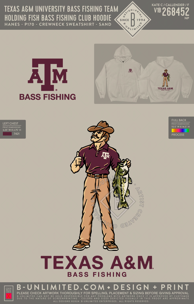 Texas A&M University Bass Fishing Team - Holding Fish Bass Fishing Club Hoodie - Hanes - P170 - Hoodie - Sand