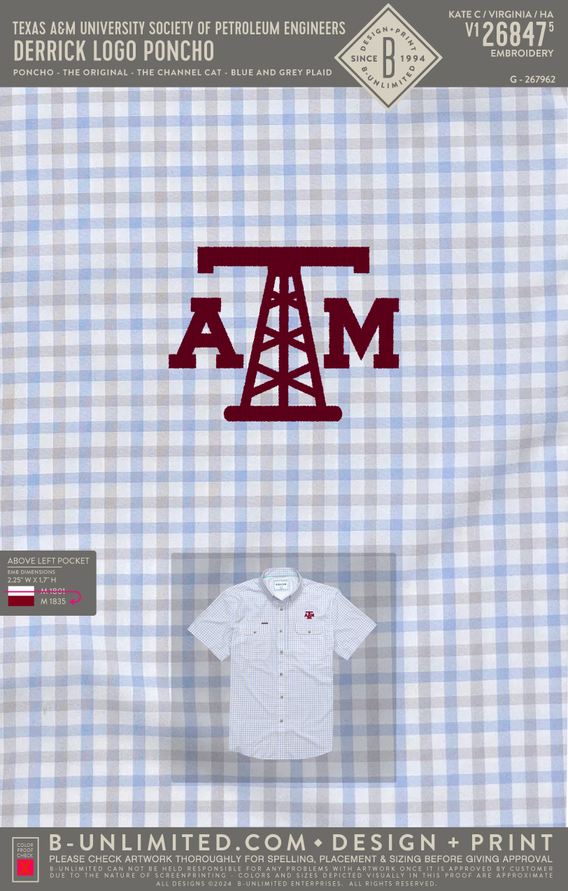 Texas A&M University Society of Petroleum Engineers - Derrick Logo Poncho - Poncho - The Original - The Channel Cat - Blue and Grey Plaid