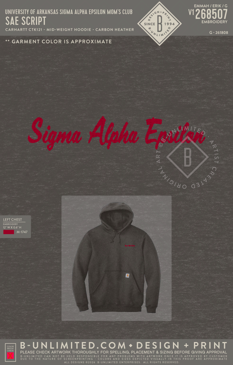 University of Arkansas Sigma Alpha Epsilon Mom's Club - SAE Script - Carhartt - CTK121 - Mid-Weight Hoodie - Carbon Heather