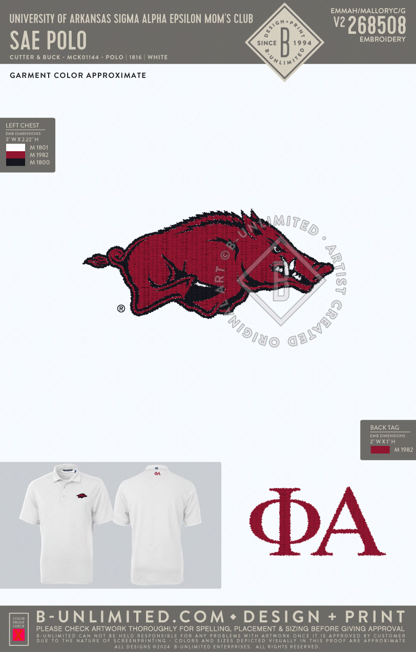 University of Arkansas Sigma Alpha Epsilon Mom's Club - SAE Phi Alpha Polo - Cutter & Buck - MCK01144 - Polo - White