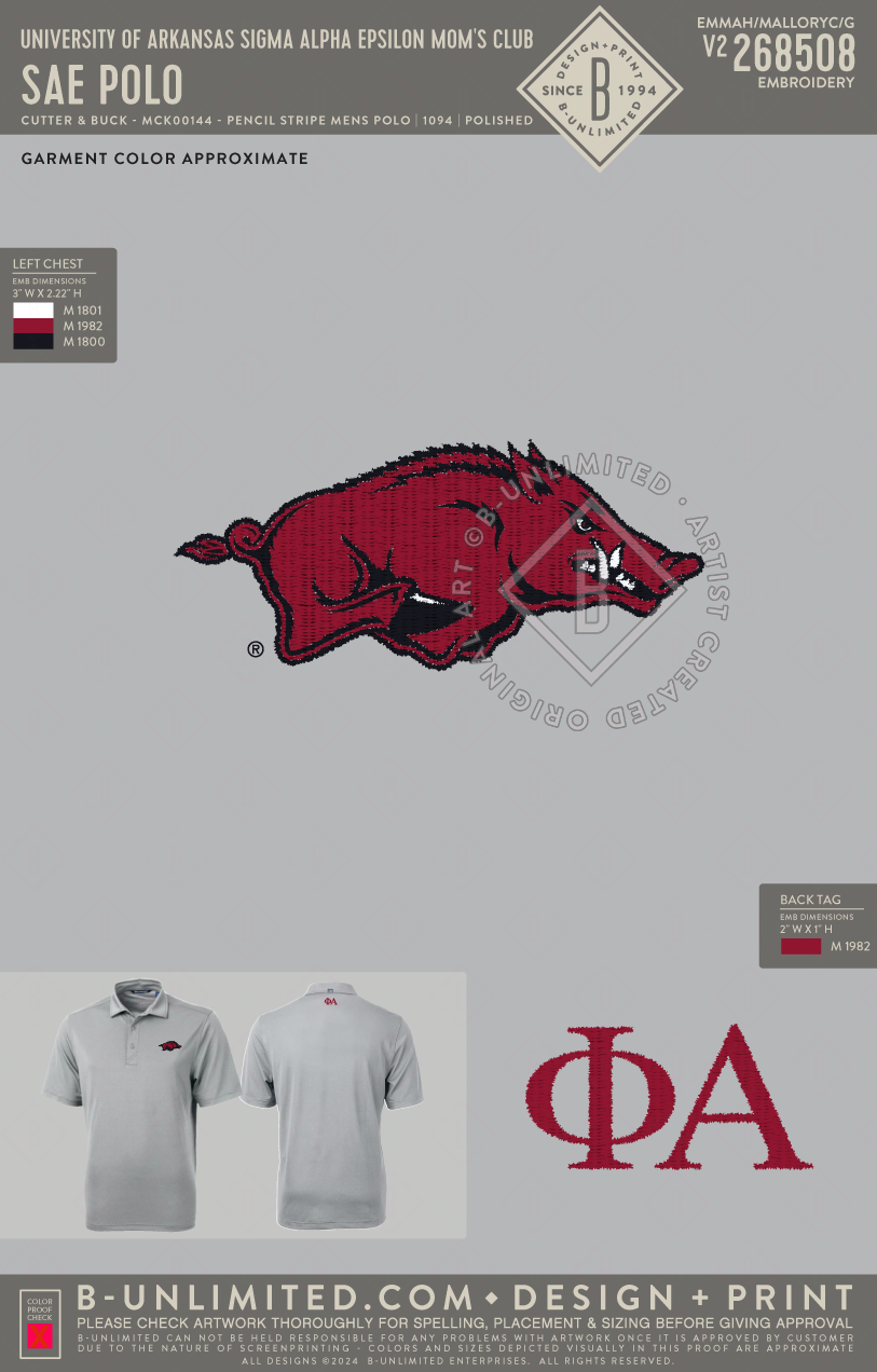 University of Arkansas Sigma Alpha Epsilon Mom's Club - SAE Phi Alpha Polo - Cutter & Buck - MCK01144 - Polo - Polished