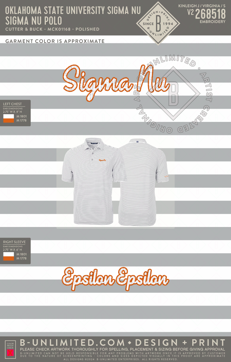 Oklahoma State University Sigma Nu - Sigma Nu polo - Cutter & Buck - MCK01168 - Virtue Eco Pique Stripe Recycled Mens Polo - Polished