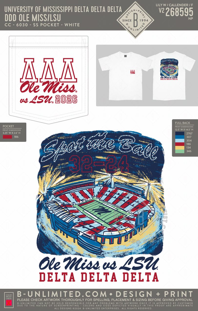 University of Mississippi Delta Delta Delta - DDD Ole Miss LSU - CC - 6030 - SS Pocket - White