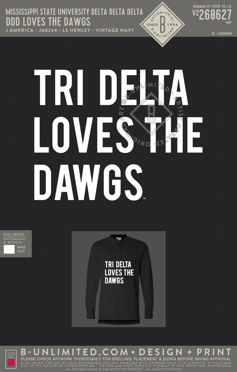 Mississippi State University Delta Delta Delta - DDD Loves The Dawgs - J America - JA8244 - LS Henley - Black
