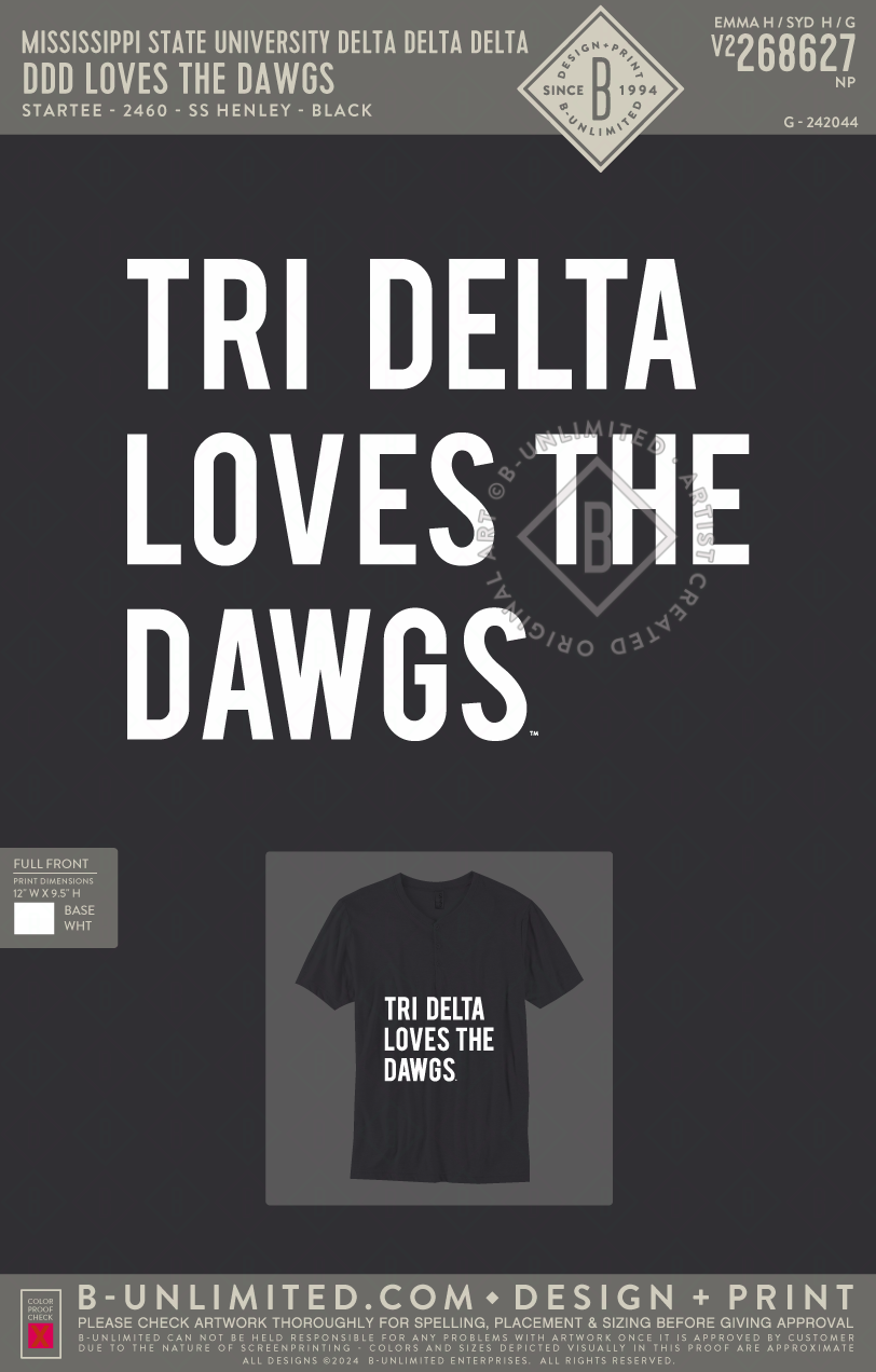 Mississippi State University Delta Delta Delta - DDD Loves The Dawgs - Star Tee - ST2460 - SS Henley - Black