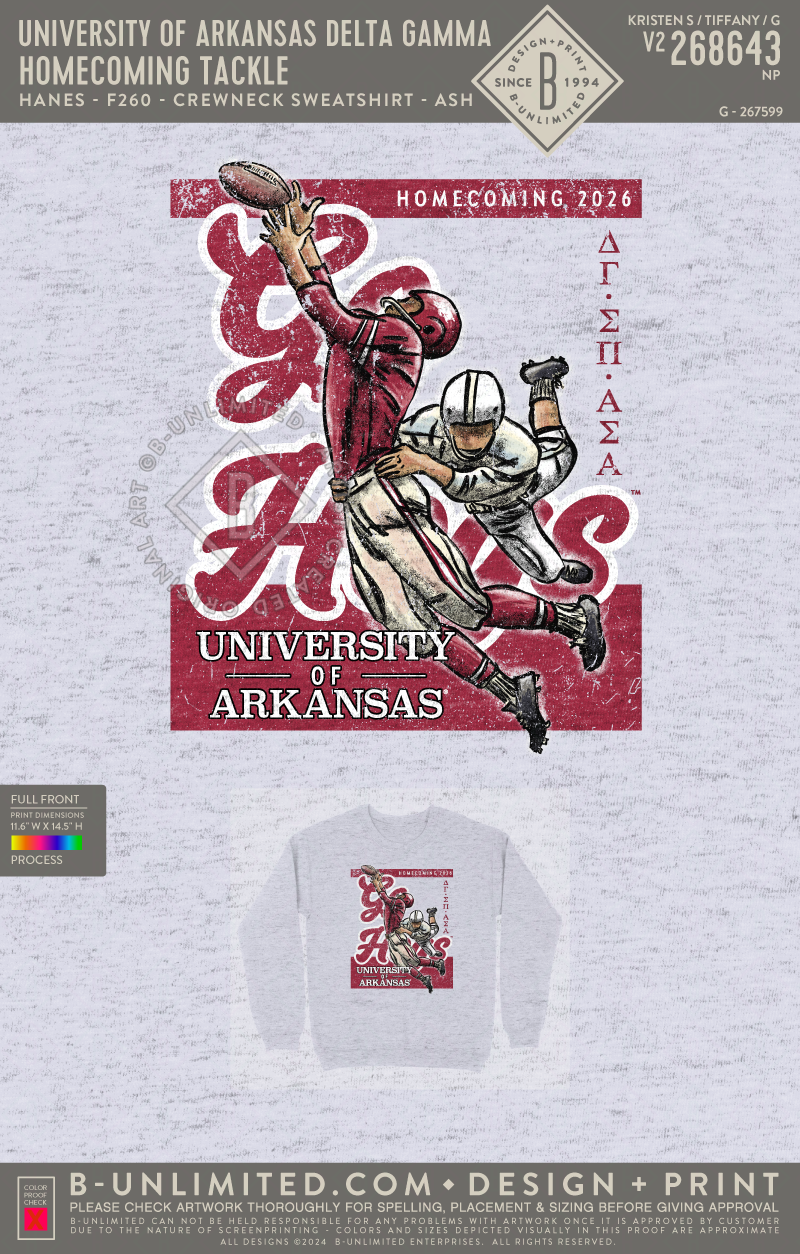 University of Arkansas Delta Gamma - Homecoming Tackle - Hanes - F260 - Sweatshirt - Ash