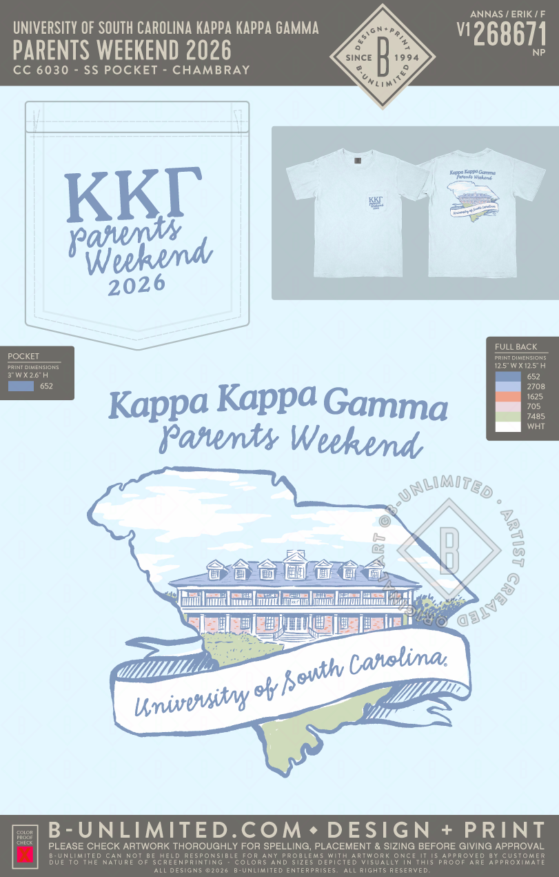 University of South Carolina Kappa Kappa Gamma - Parents Weekend 2026 - CC - 6030 - SS Pocket - Chambray