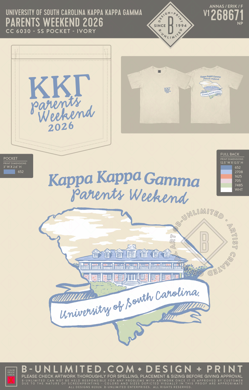 University of South Carolina Kappa Kappa Gamma - Parents Weekend 2026 - CC - 6030 - SS Pocket - Ivory