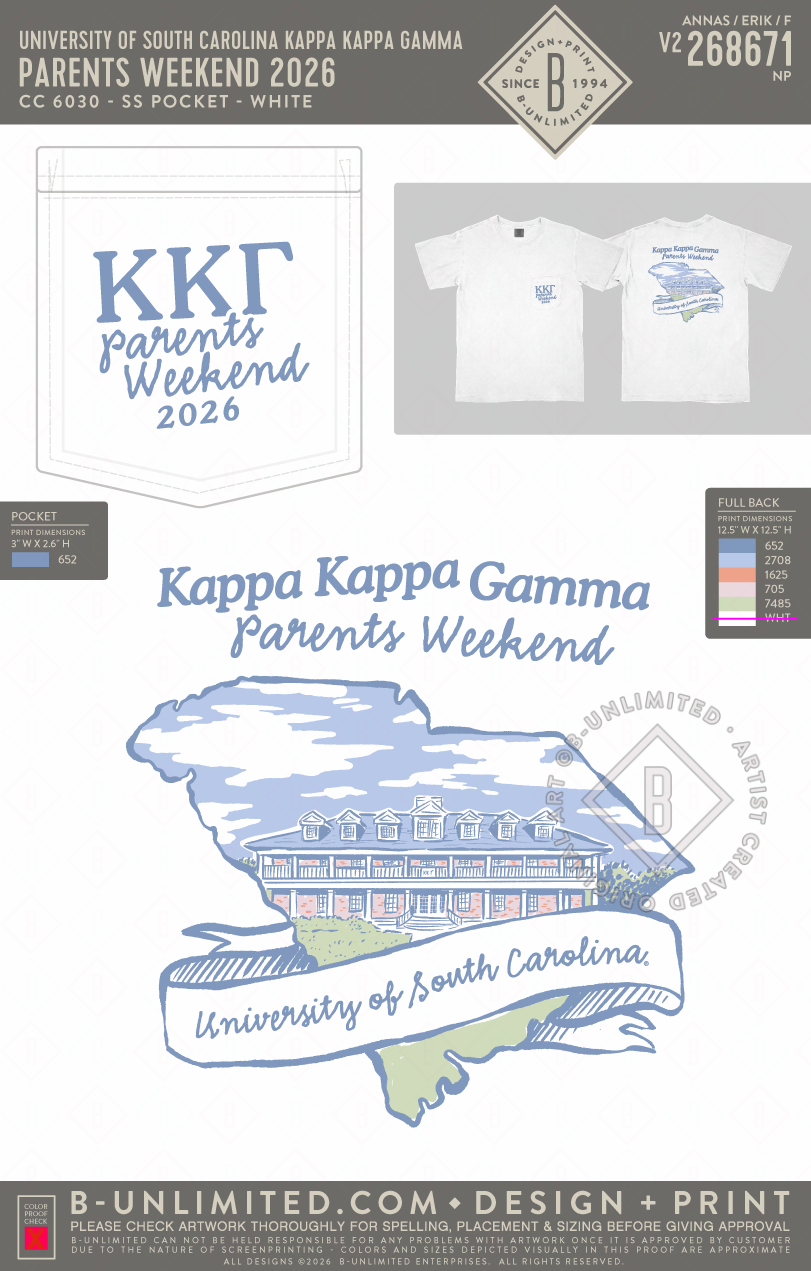 University of South Carolina Kappa Kappa Gamma - Parents Weekend 2026 - CC - 6030 - SS Pocket - White
