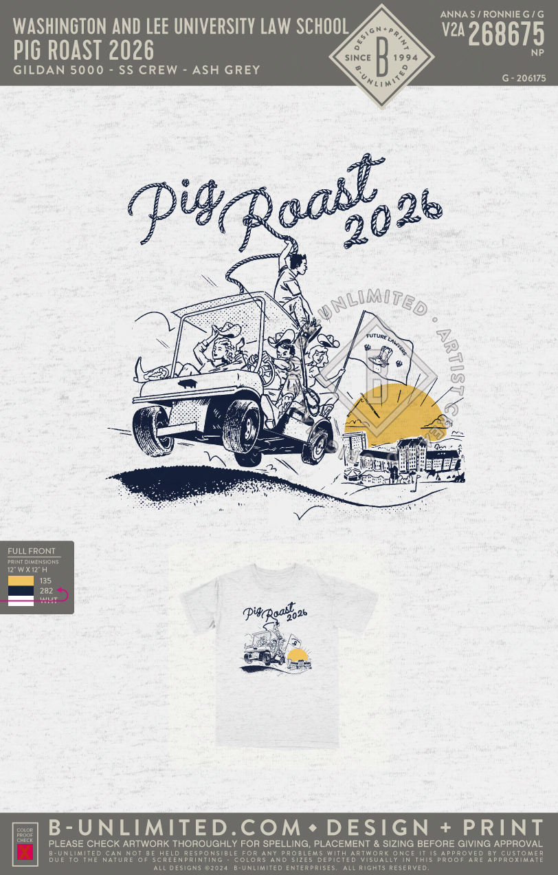 Washington and Lee University Law School - Pig Roast 2026 - Gildan - 5000 - SS Crew - Ash Grey