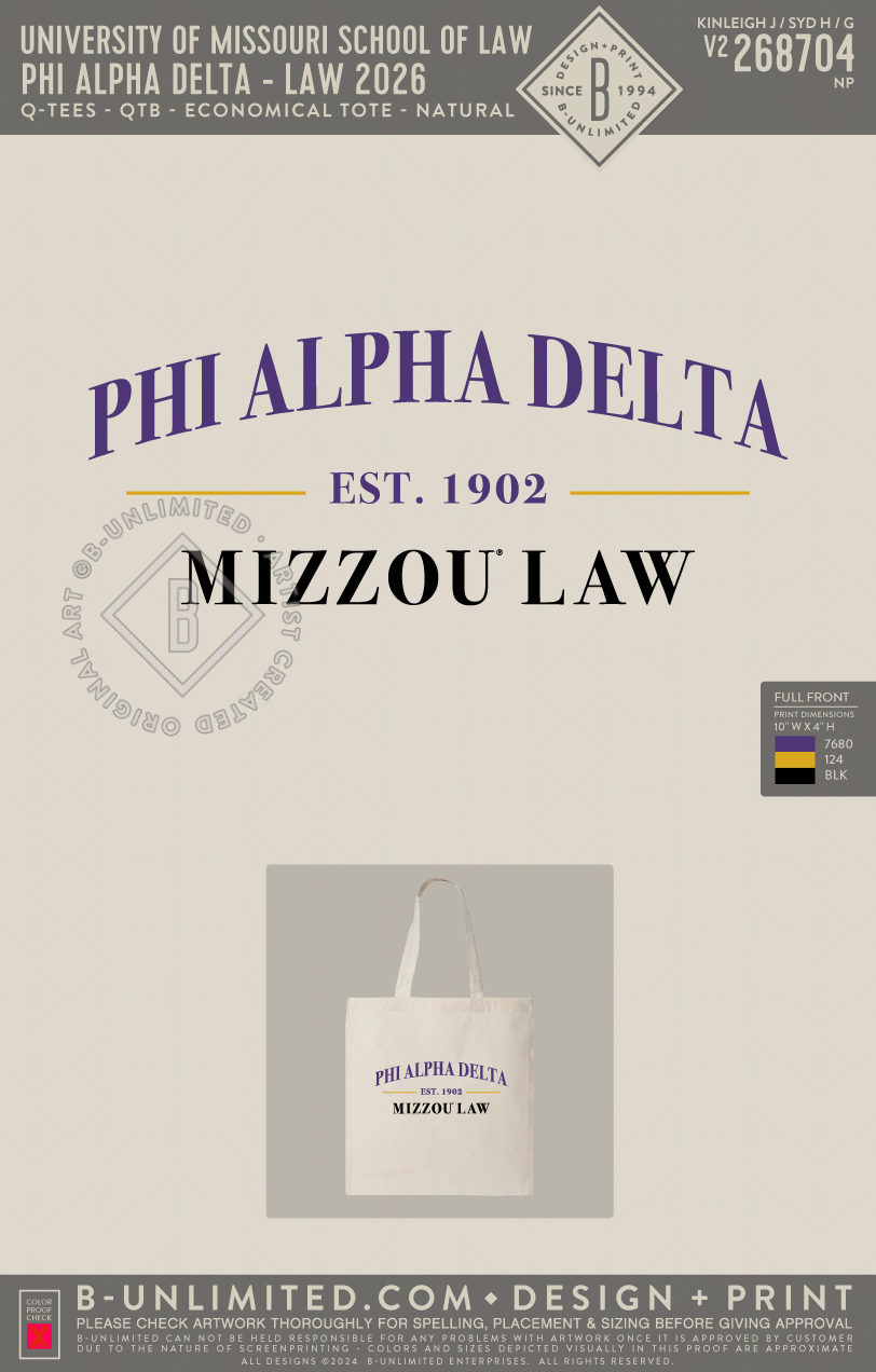 University of Missouri School of Law - Phi Alpha Delta - Law 2026 - Tote - Q-Tees - QTB - Economical Tote - Natural