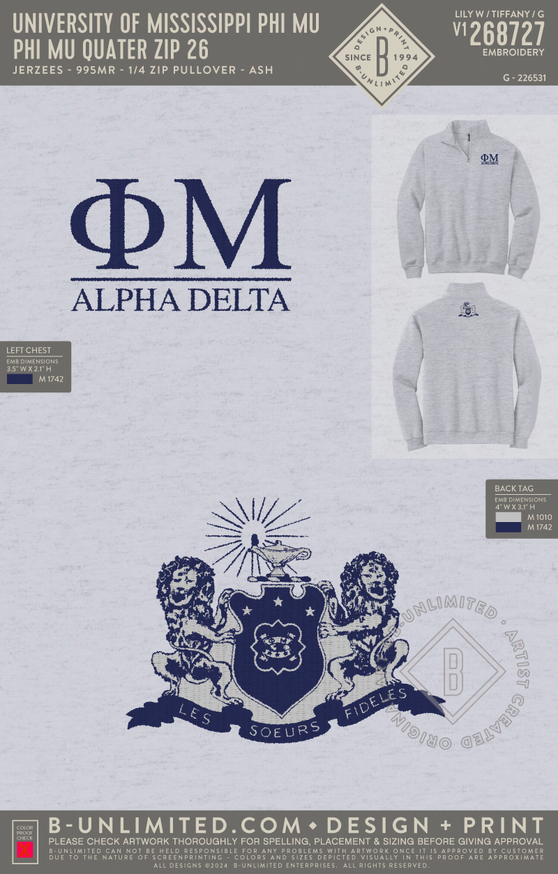 University of Mississippi Phi Mu - Phi Mu Quater Zip 26 - Jerzees - 995MR - 1/4 Zip Pullover - Ash