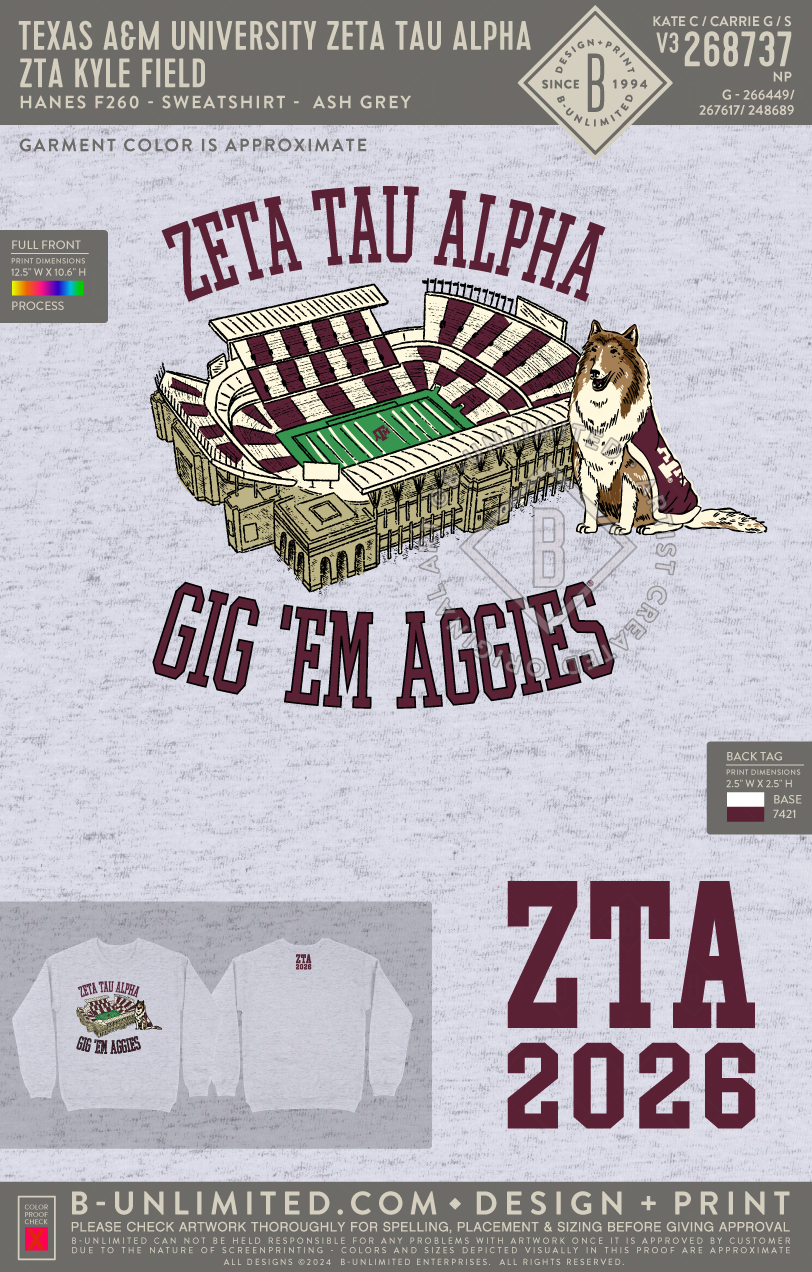 Texas A&M University Zeta Tau Alpha - ZTA Kyle Field - Hanes - F260 - Sweatshirt - Ash