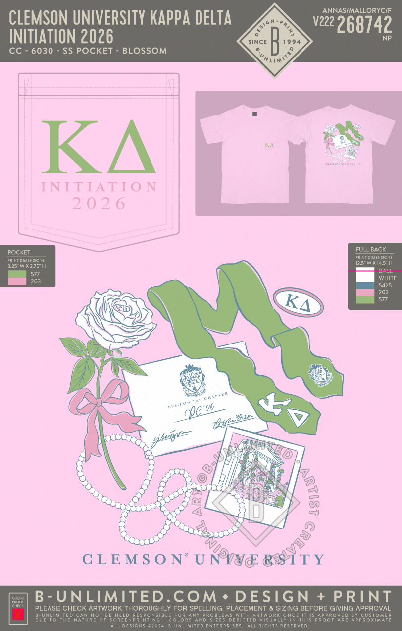 Clemson University Kappa Delta - Initiation 2026 - CC - 6030 - SS Pocket - Blossom