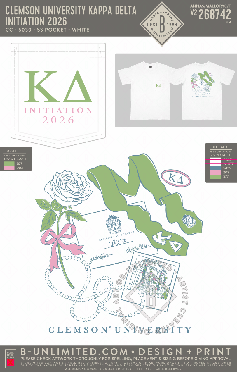 Clemson University Kappa Delta - Initiation 2026 - CC - 6030 - SS Pocket - White