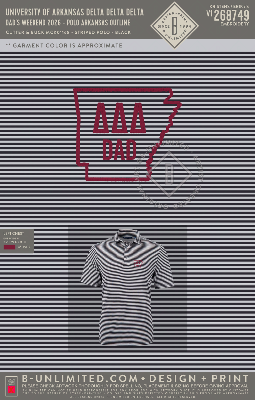 University of Arkansas Delta Delta Delta - Dad's Weekend 2026 - Polo Arkansas Outline - Cutter & Buck - MCK01168 - Virtue Eco Pique Stripe Recycled Mens Polo - Black