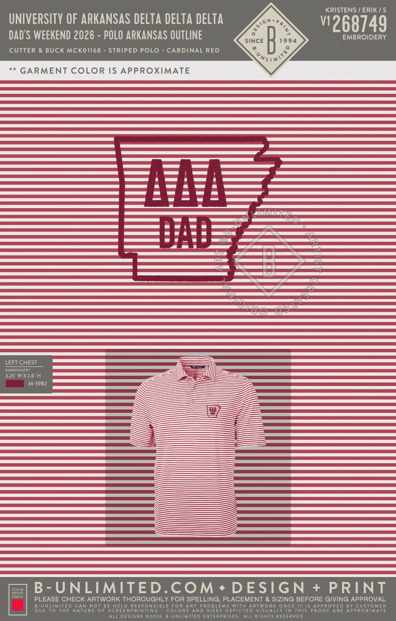 University of Arkansas Delta Delta Delta - Dad's Weekend 2026 - Polo Arkansas Outline - Cutter & Buck - MCK01168 - Virtue Eco Pique Stripe Recycled Mens Polo - Cardinal Red