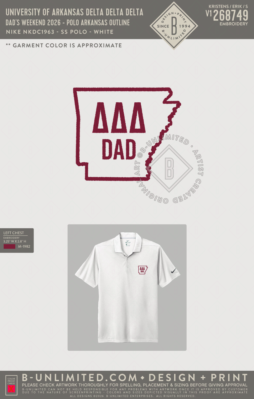 University of Arkansas Delta Delta Delta - Dad's Weekend 2026 - Polo Arkansas Outline - Nike - NKDC1963 - SS Polo - White