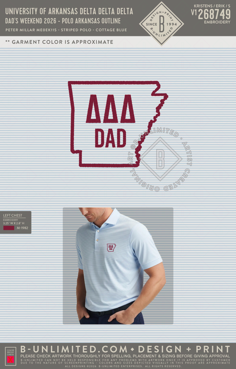 University of Arkansas Delta Delta Delta - Dad's Weekend 2026 - Polo Arkansas Outline - Peter Millar - MEOEK11S - Jubilee Striped Polo - Cottage Blue