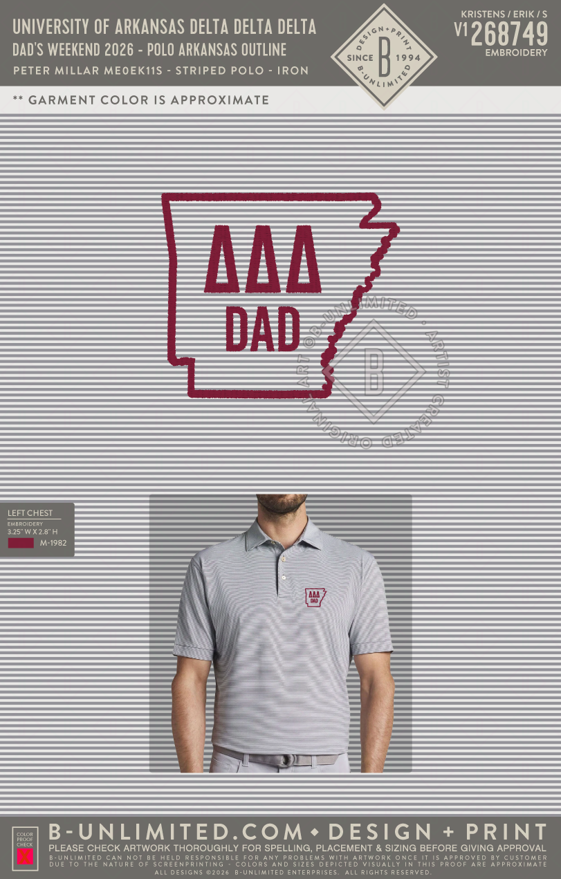 University of Arkansas Delta Delta Delta - Dad's Weekend 2026 - Polo Arkansas Outline - Peter Millar - MEOEK11S - Jubilee Striped Polo - Iron