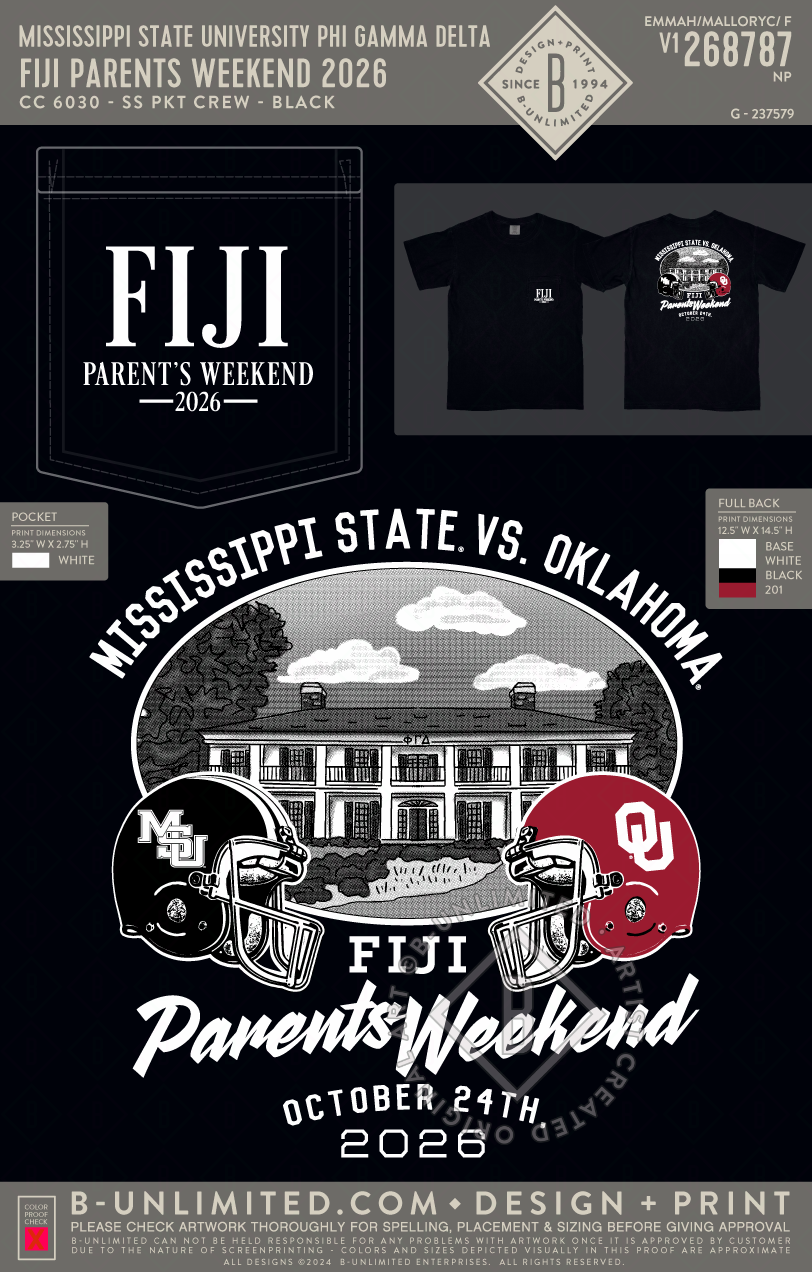Mississippi State University Phi Gamma Delta - Fiji Parents Weekend 2026 - CC - 6030 - SS Pocket - Black