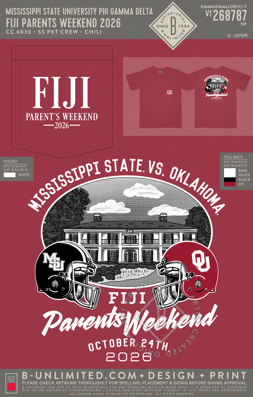 Mississippi State University Phi Gamma Delta - Fiji Parents Weekend 2026 - CC - 6030 - SS Pocket - Chili