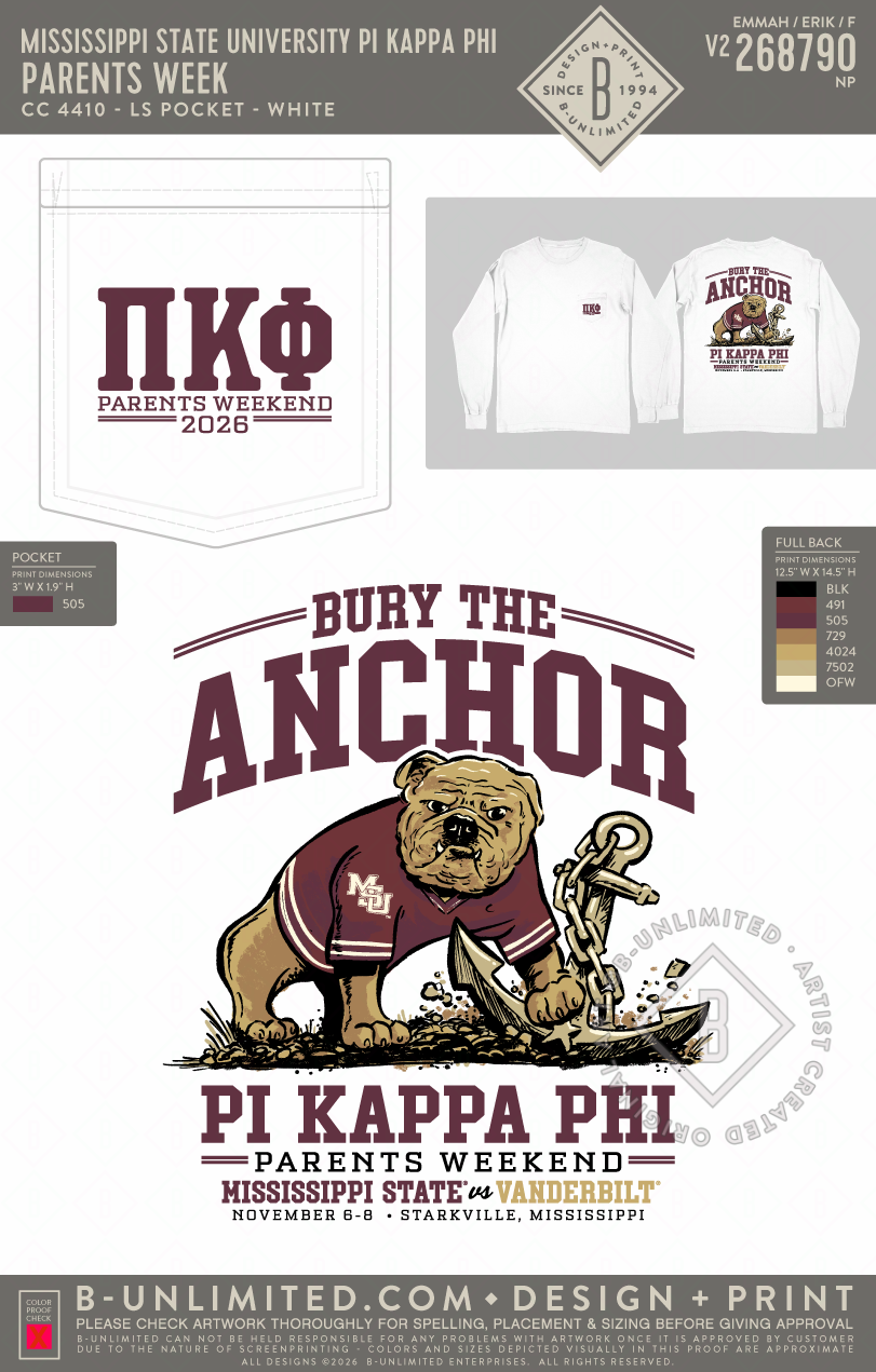 Mississippi State University Pi Kappa Phi - Parents Week - CC - 4410 - LS Pocket - White