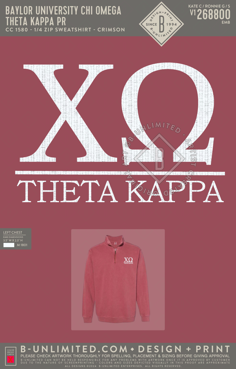 Baylor University Chi Omega - Theta Kappa PR - CC - 1580 - 1/4 Zip Sweatshirt - Crimson