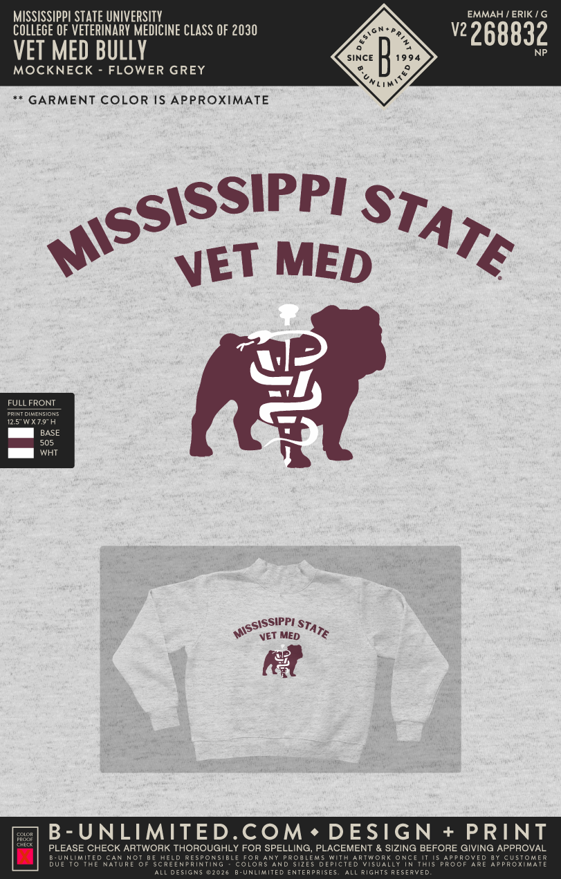 Mississippi State University College of Veterinary Medicine Class of 2030 - Vet Med Bully - Tap Stitch - WW0004-P001-V2 - Mockneck Crewneck Sweatshirt - Flower Grey