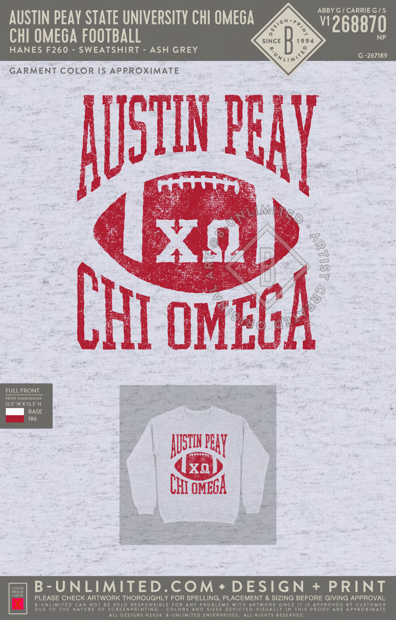 Austin Peay State University Chi Omega - Chi Omega Football - Hanes - F260 - Sweatshirt - Ash