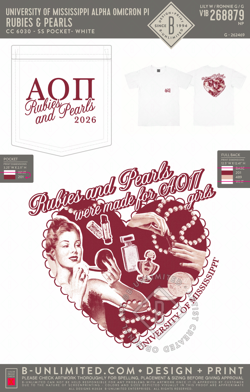 University of Mississippi Alpha Omicron Pi - Rubies & Pearls - CC - 6030 - SS Pocket - White