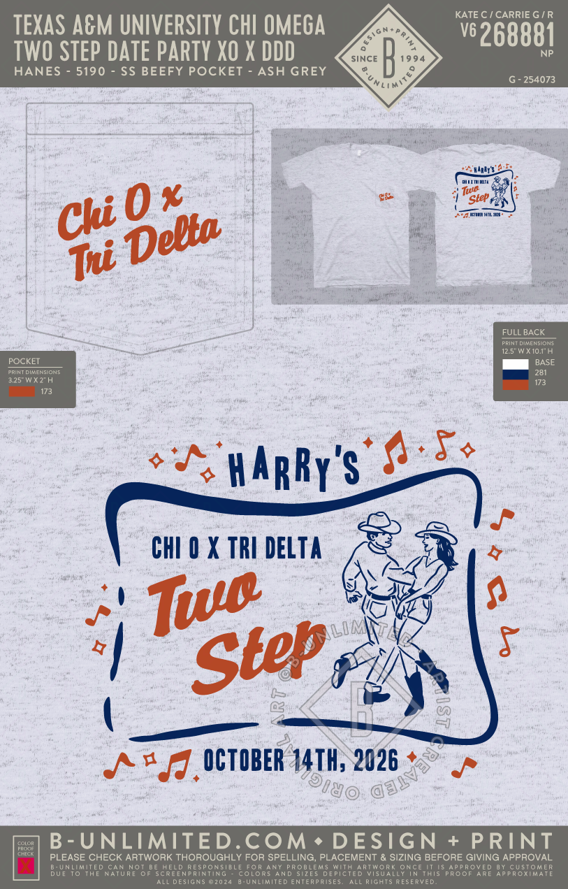 Texas A&M University Delta Delta Delta - Two Step Date Party XO X DDD - Hanes - 5190 - SS Beefy Pocket - Ash