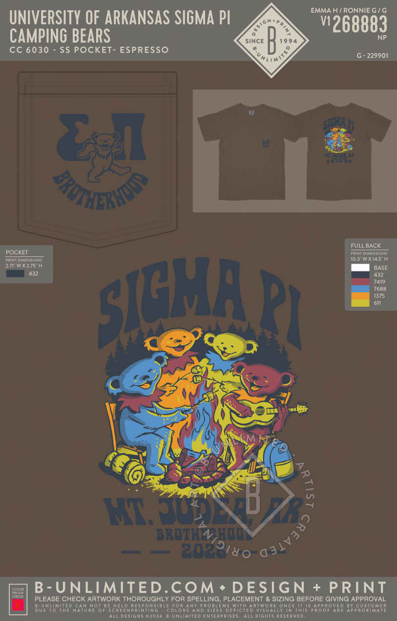 University of Arkansas Sigma Pi - Camping Bears - CC - 6030 - SS Pocket - Espresso
